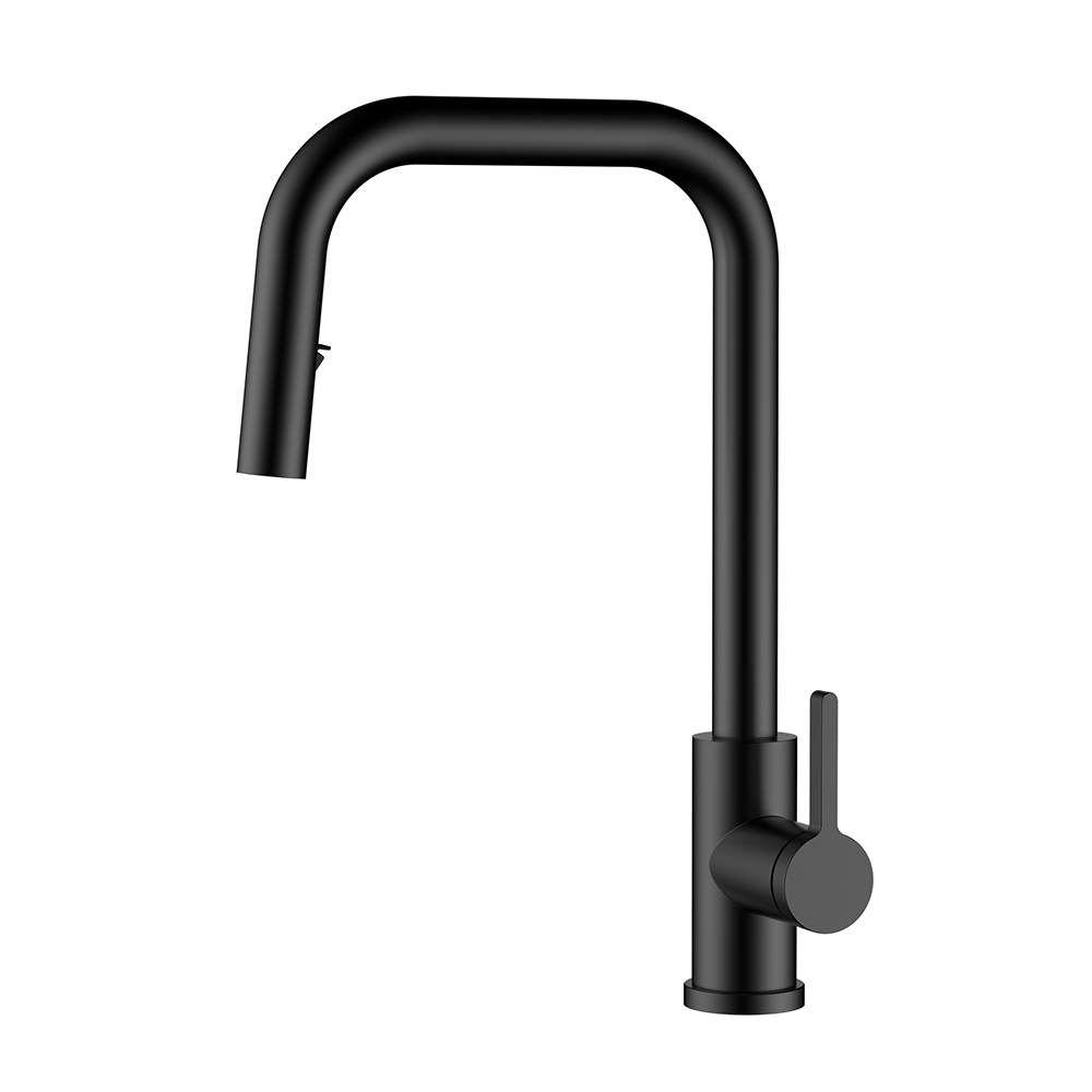 Grifo de cocina negro mate de acero inoxidable en forma de U con rociador extraíble oculto